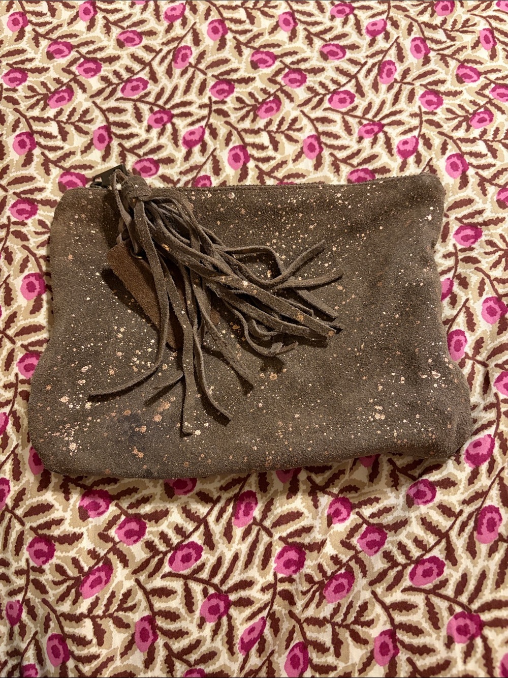 Suede Tassel Clutch in Brown with Metallic Speckle